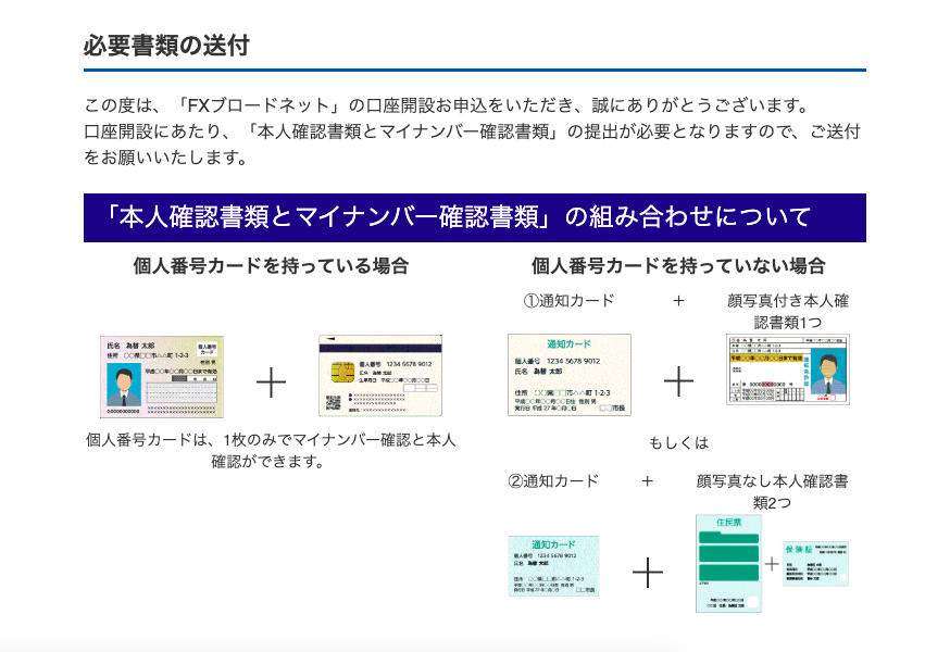 必 要 書 類 の 送 付 
こ の 度 は 、 「 FX プ ロ ー ド ネ ッ ト 」 の 口 座 開 設 お 申 込 を い た だ き 、 誠 に あ り が と う ご ざ い ま す 。 
口 座 開 設 に あ た り 、 「 本 人 確 認 書 類 と マ イ ナ ン ノ ← 確 認 書 類 」 の 提 出 が 必 要 と な り ま す の で 、 ご 送 付 
を お 願 い い た し ま す 。 
「 本 人 確 認 書 類 と マ イ ナ ン ノ ← 確 認 書 類 」 の 組 み 合 わ せ に つ い て 
個 人 番 号 カ ー ド を 持 っ て い る 場 合 
個 人 番 号 カ ー ド を 持 っ て い な い 場 合 
① 通 知 カ - ド 
+ 顔 写 真 付 き 本 人 確 
認 書 類 1 つ 
十 
を 名 第 ・ 実 第 
個 人 番 号 カ - ド は 、 1 枚 の み で マ イ ナ ン バ - 確 認 と 本 人 
も し く は 
確 認 が で き ま す 。 
② 通 知 カ ー ド 
顔 写 真 な し 本 人 確 認 書 
類 2 つ 
十 
十 