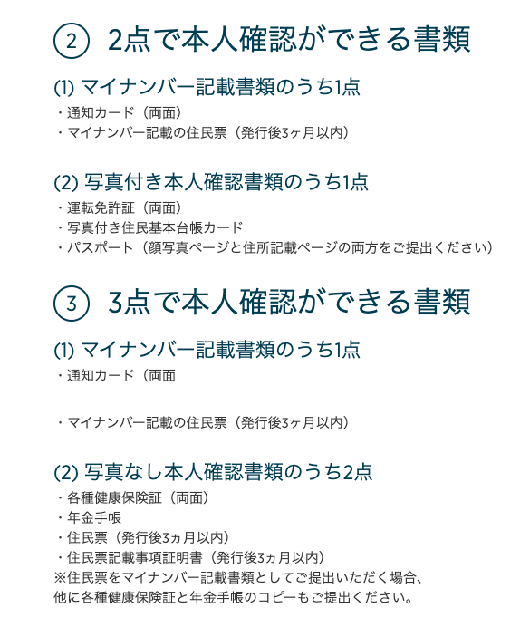 〇 2 点 で 本 人 確 認 が で き る 書 類 
( 1 ) マ イ ナ ン バ ー 記 載 書 類 の う ち 1 点 
・ 通 知 カ ー ド ( 両 面 ) 
・ マ イ ナ ン バ ー 記 載 の 住 民 票 ( 発 行 後 3 ヶ 月 以 内 ) 
② 写 真 付 き 本 人 確 認 書 類 の う ち 1 点 
・ 運 転 免 許 証 ( 両 面 ) 
・ 写 真 付 き 住 民 基 本 台 帳 カ ー ド 
・ バ ス ポ ー ト ( 顔 写 真 ペ ー ジ と 住 所 記 載 ペ ー ジ の 両 方 を ご 提 出 く だ さ い ) 
〇 5 点 で 本 人 確 認 が で き る 書 類 
( 1 ) マ イ ナ ン ノ ヾ ー 記 載 書 類 の う ち 1 点 
・ 通 知 カ ー ド ( 両 面 
・ マ イ ナ ン バ ー 記 載 の 住 民 票 ( 発 行 後 3 ヶ 月 以 内 ) 
② 写 真 な し 本 人 確 認 書 類 の う ち 2 点 
・ 各 種 健 康 保 険 証 ( 両 面 ) 
・ 年 金 手 帳 
・ 住 民 票 ( 発 行 後 3 カ 月 以 内 ) 
・ 住 民 票 記 載 事 項 証 明 書 ( 発 行 後 3 カ 月 以 内 ) 
※ 住 民 票 を マ イ ナ ン バ ー 記 載 書 類 と し て ご 提 出 い た だ く 場 合 、 
他 に 各 種 健 康 保 険 証 と 年 金 手 帳 の コ ピ ー も ご 提 出 く だ さ い 。 