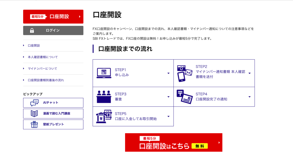 口 座 開 設 
最 短 5 分 
FX 口 座 開 設 の キ ャ ン ペ ー ン 、 口 座 開 設 ま で の 流 れ 、 本 人 確 認 書 類 ・ マ イ ナ ン バ ー 通 知 に つ い て の 注 意 事 項 な ど を 
ロ グ イ ン 
ご 案 内 し ま す 。 
SBI FX ト し 一 ド で は 、 FX 口 座 の 開 設 は 無 料 ! お 申 し 込 み が 最 短 5 分 で 完 了 し ま す 。 
口 座 開 設 
ー ロ 座 開 設 ま で の 流 れ 
本 人 確 認 書 類 に つ い て 
STEP2 
マ イ ナ ン バ - に つ い て 
マ イ ナ ン バ ー 通 知 書 類 本 人 確 認 
申 し 込 み 
書 類 を 送 付 
口 座 開 設 書 類 到 着 後 の 流 れ 
ビ ッ ク ア ッ プ 
STEP3 
STEP4 
0 
審 査 
口 座 開 設 完 了 の 通 知 
チ ャ ッ ト 
漫 画 で 読 む 入 門 講 座 
STEP5 
g ^ 、 K 
口 座 に 入 金 し て お 取 引 開 始 
盟 紙 プ レ ゼ ン ト 
最 短 5 分 
口 座 開 設 は こ ち ら 