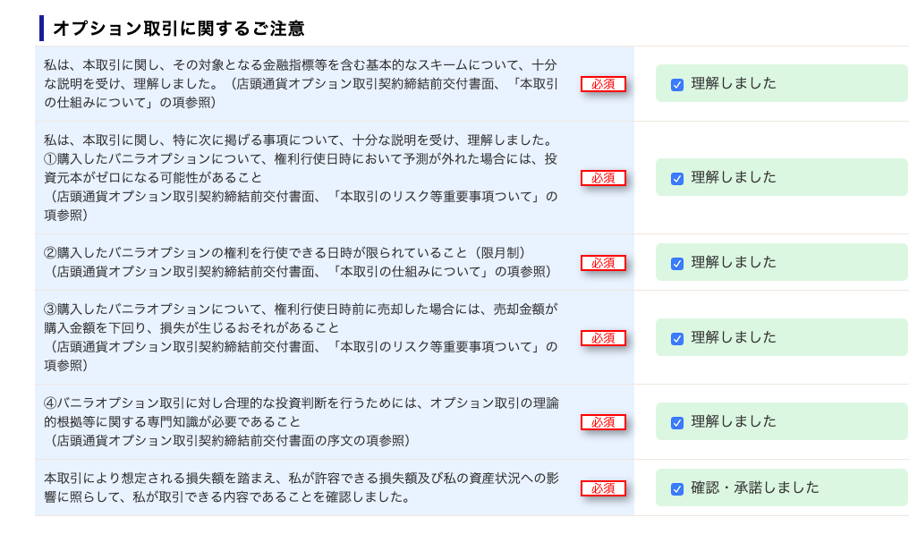 ー オ プ シ ョ ン 取 引 に 関 す る ご 注 意 
私 は 、 本 取 引 に 関 し 、 そ の 対 象 と な る 金 融 指 標 等 を 含 む 基 本 的 な ス キ ー ム に つ い て 、 十 分 
な 説 明 を 受 け 、 理 解 し ま し た 。 ( 店 頭 通 貨 オ プ シ コ ン 取 引 契 約 締 結 前 交 付 書 面 、 「 本 取 引 
の 仕 組 み に つ い て 」 の 項 参 照 ) 
私 は 、 本 取 引 に 関 し 、 特 に 次 に 掲 げ る 事 項 に つ い て 、 十 分 な 説 明 を 受 け 、 理 解 し ま し た 。 
① 購 入 し た バ ニ ラ オ プ シ コ ン に つ い て 、 権 利 行 使 日 時 に お い て 予 測 が 外 れ た 場 合 に は 、 投 
資 元 本 が ゼ ロ に な る 可 能 性 が あ る こ と 
( 店 頭 通 貨 オ プ シ コ ン 取 引 契 約 締 結 前 交 付 書 面 、 「 本 取 引 の リ ス ク 等 重 要 事 項 つ い て 」 の 
項 参 照 ) 
② 購 入 し た バ ニ ラ オ プ シ コ ン の 権 利 を 行 使 で き る 日 時 が 限 ら れ て い る こ と ( 限 月 制 ) 
( 店 頭 通 貨 オ プ シ コ ン 取 引 契 約 締 結 前 交 付 書 面 、 「 本 取 引 の 仕 組 み に つ い て 」 の 項 参 照 ) 
③ 購 入 し た バ ニ ラ オ プ シ コ ン に つ い て 、 権 利 行 使 日 時 前 に 売 却 し た 場 合 に は 、 売 却 金 額 が 
購 入 金 額 を 下 回 り 、 損 失 が 生 じ る お そ れ が あ る こ と 
( 店 頭 通 貨 オ プ シ コ ン 取 引 契 約 締 結 前 交 付 書 面 、 「 本 取 引 の リ ス ク 等 重 要 事 項 つ い て 」 の 
項 参 照 ) 
④ バ ニ ラ オ プ シ コ ン 取 引 に 対 し 合 理 的 な 投 資 判 断 を 行 う た め に は 、 オ プ シ コ ン 取 引 の 理 論 
的 根 拠 等 に 関 す る 専 門 知 識 が 必 要 で あ る こ と 
( 店 頭 通 貨 オ プ シ コ ン 取 引 契 約 締 結 前 交 付 書 面 の 序 文 の 項 参 照 ) 
本 取 引 に よ り 想 定 さ れ る 損 失 額 を 踏 ま え 、 私 が 許 容 で き る 損 失 額 及 び 私 の 資 産 状 況 へ の 影 
響 に 照 ら し て 、 私 が 取 引 で き る 内 容 で あ る こ と を 確 認 し ま し た 。 
必 須 
心 須 
必 須 
理 解 し ま し た 
理 解 し ま し た 
確 認 ・ 承 諾 し ま し た 